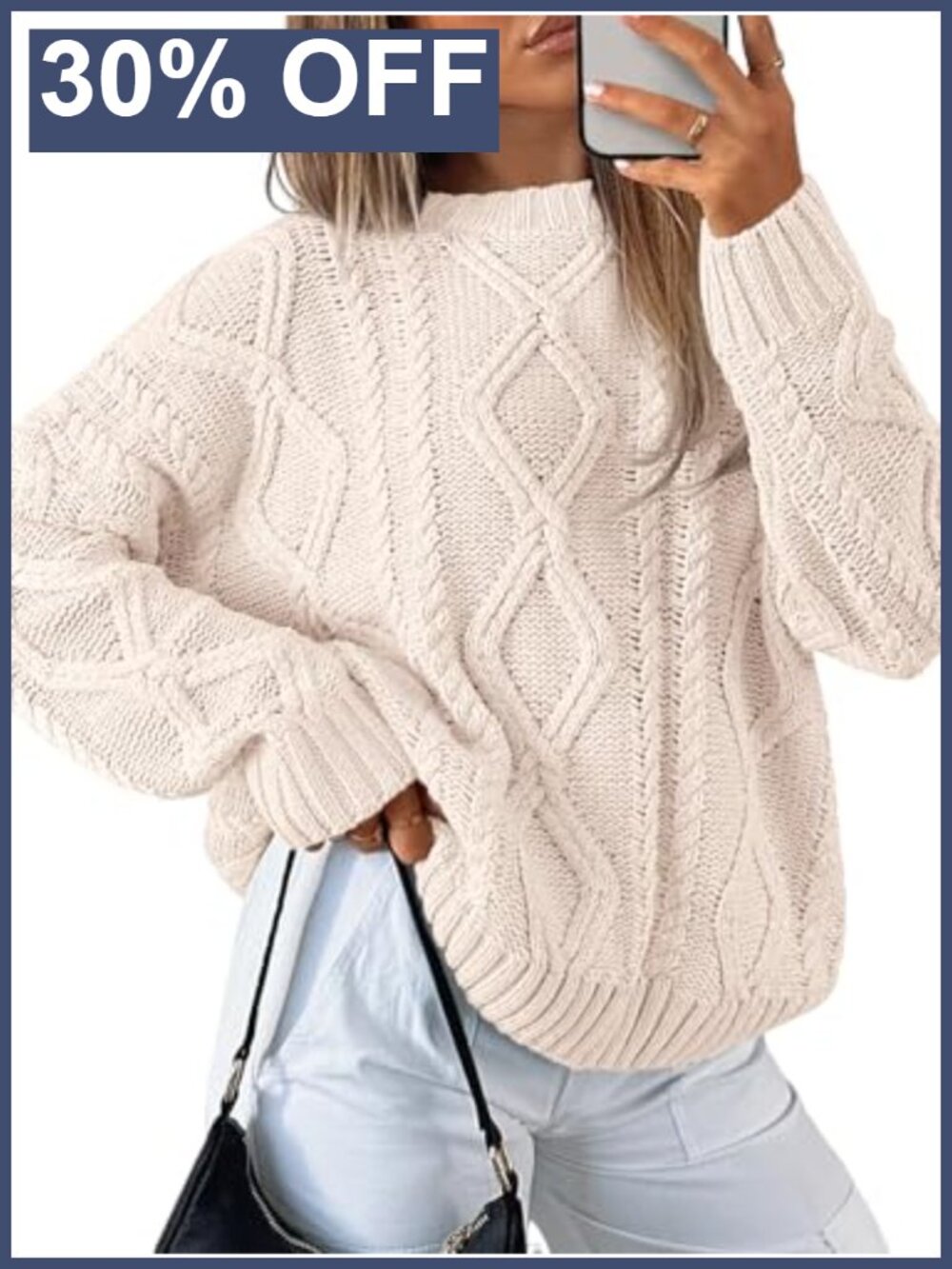 Oversized Cable Knit Pullover Sweater Crew Neck Long Sleeve